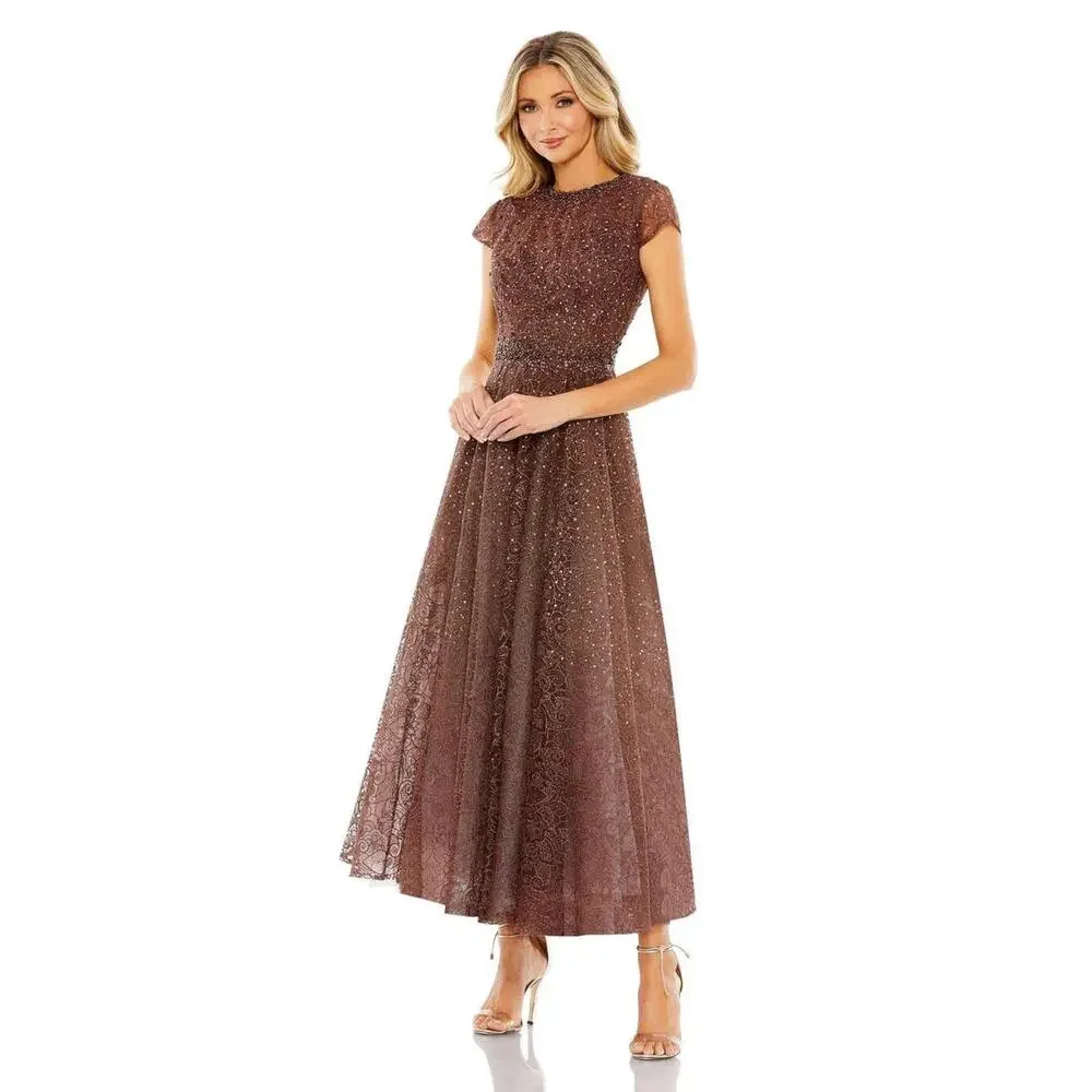 New Mac Duggal 20371 Embellished Cap Sleeve A Line Dress In Chocolate Sz8 $698 - Picture 1 of 10